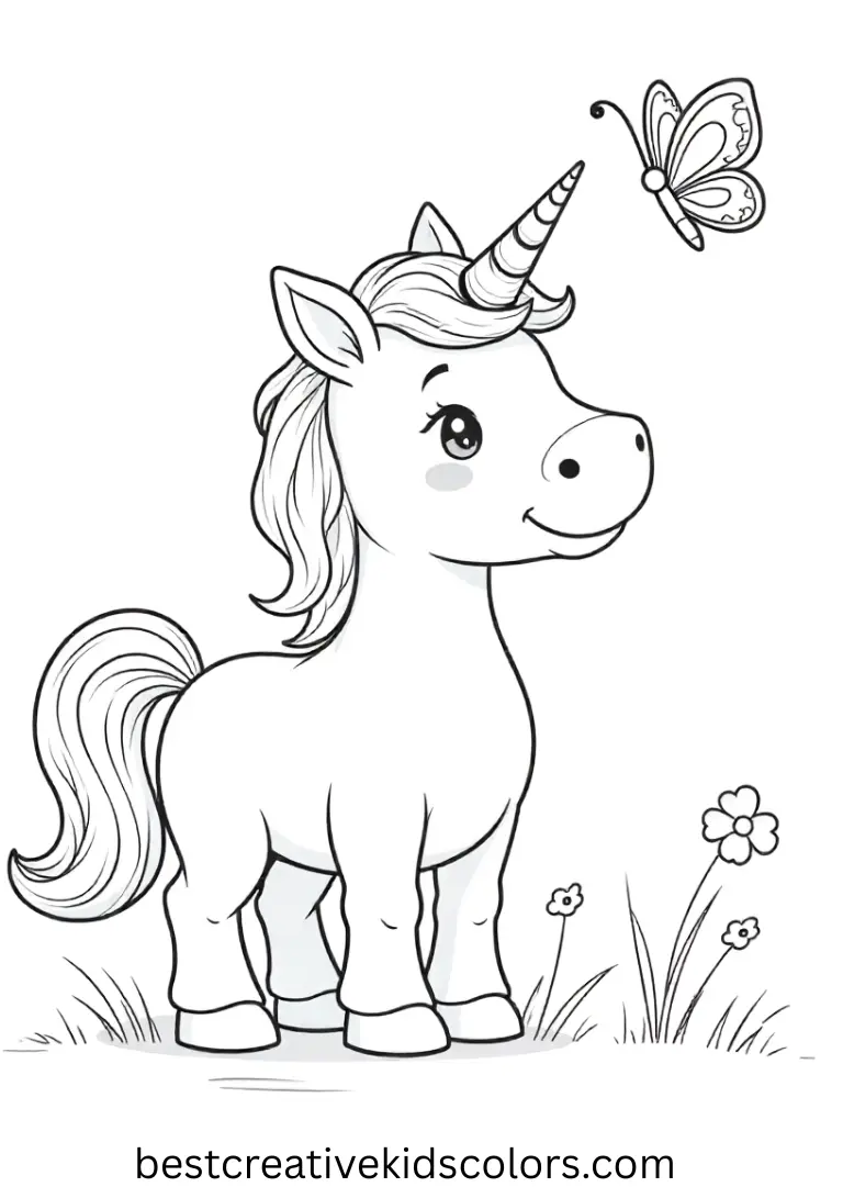A small unicorn watches a butterfly — perfect for young kids with simple and clear outlines.