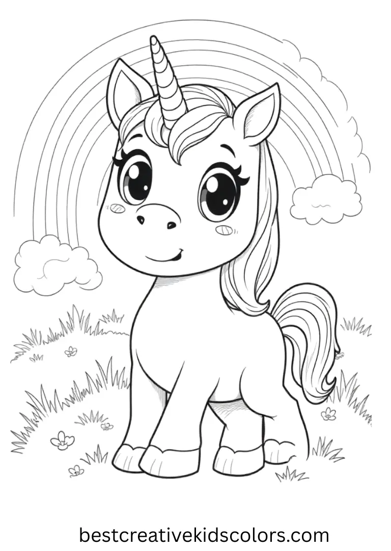 A happy unicorn stands beneath a simple rainbow — designed for young artists and easy coloring.