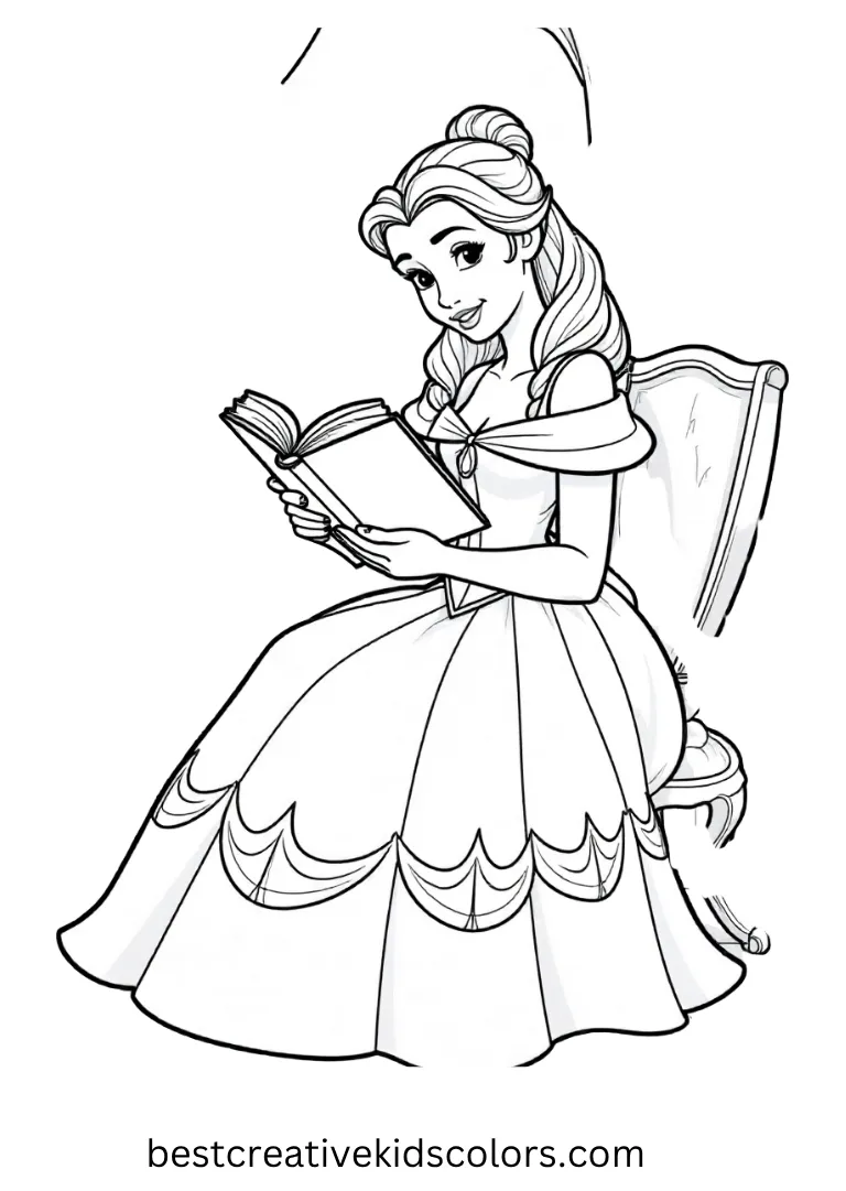 Belle Reading in the Castle Disney Coloring Page Color Belle’s quiet reading moment with fun and imaginative Disney Coloring Pages.