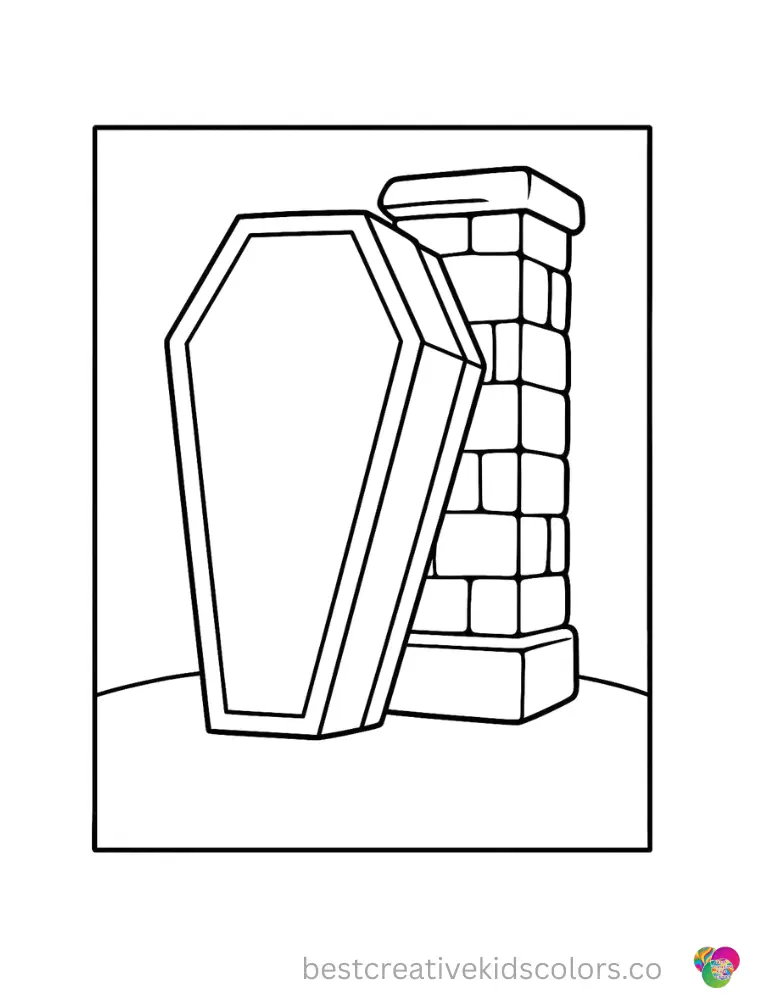A large empty coffin box leaning against a stone pillar.