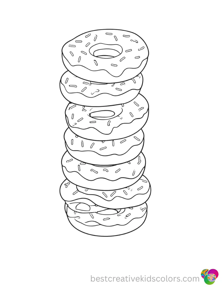 Donuts form a tall tower in the Best Donut Coloring Pages for Kids with clear outlines.