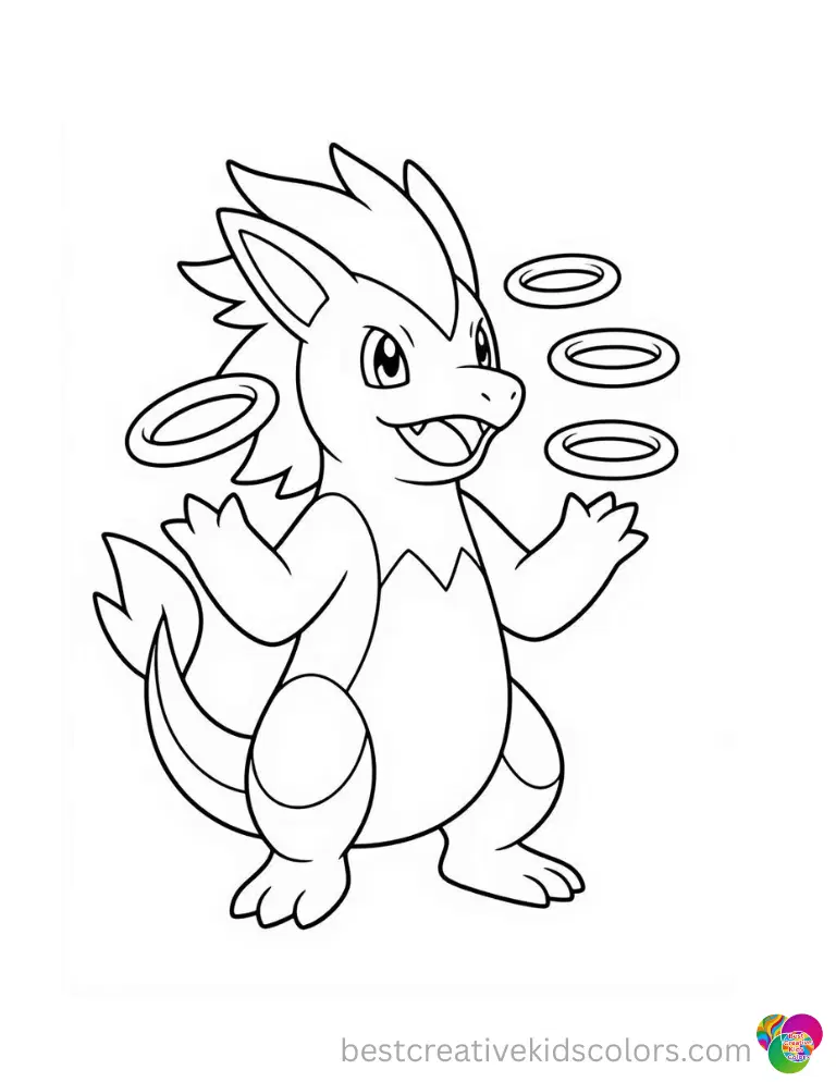 A cleanly outlined Legendary Pokemon juggling shiny rings on a completely blank background.