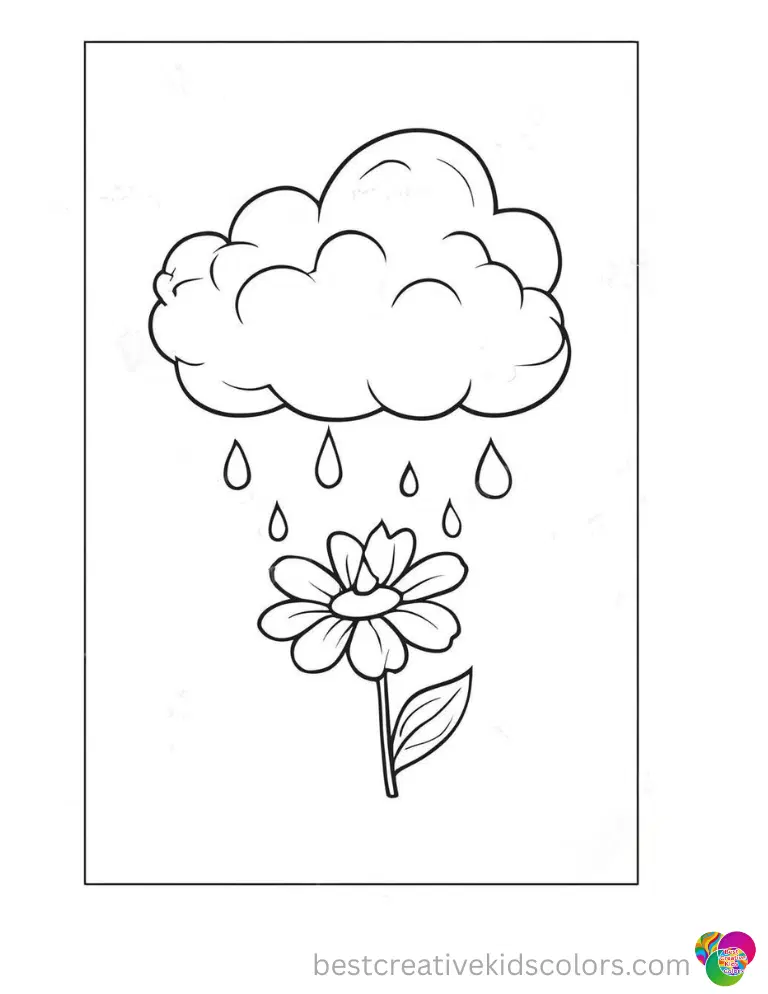 A fluffy raincloud dropping water over a spring flower.