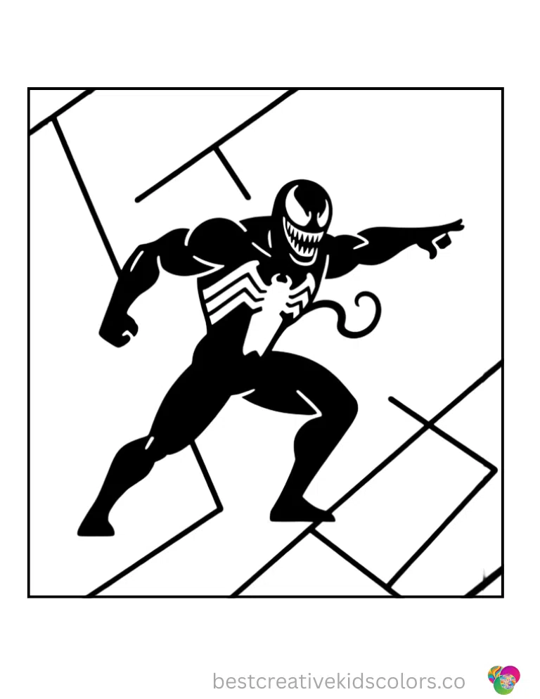 Best Venom Printable Coloring Pages (Virtual Paint) Bold, simple outlines feature Venom pointing forward in a fun coloring pose.
