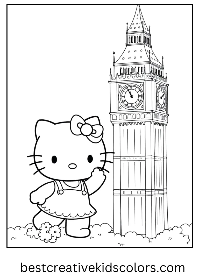 Kitty waves happily beside a tall clock tower shaped like Big Ben.