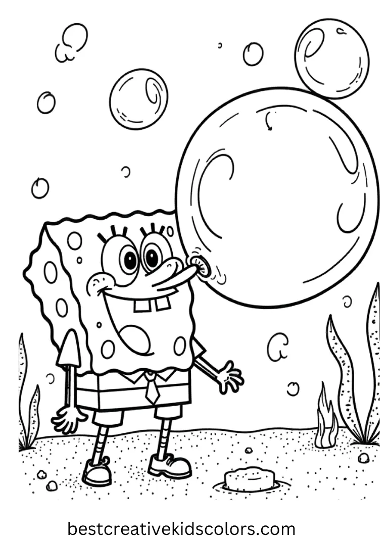 SpongeBob blows a huge bubble underwater, full of laughter and easy shapes to color.