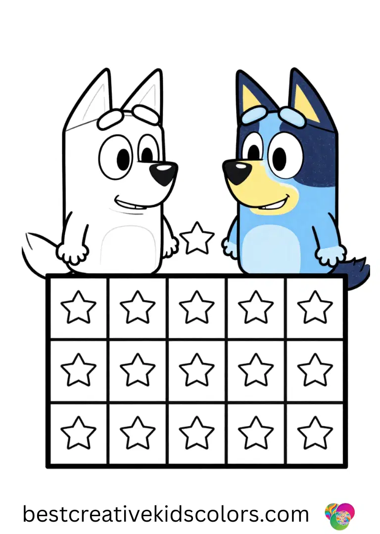 Bingo and Bluey coloring pages printable features the sisters arranging miniature felt stars side by side.