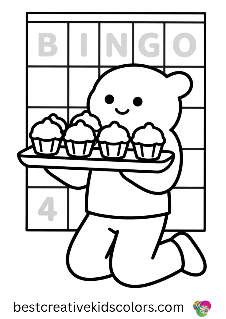 Bingo outline Bluey features Bingo kneeling to line up tiny plush cupcakes along a tray.