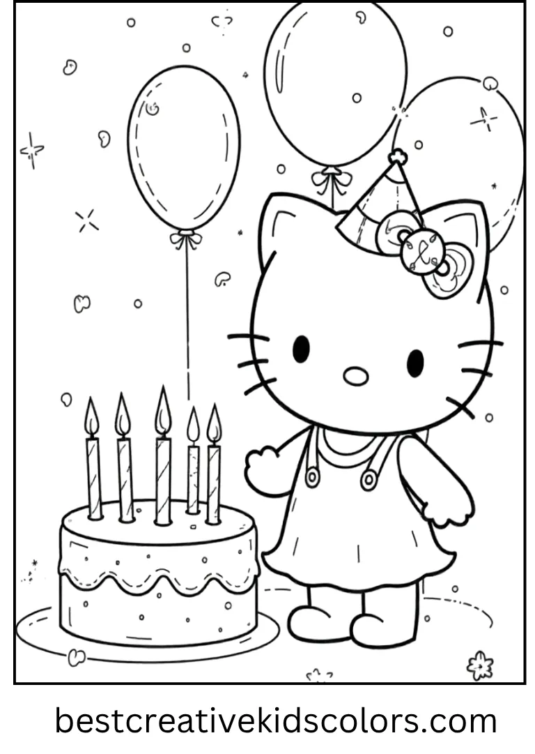 Kitty stands next to a big cake with candles, balloons floating behind her.