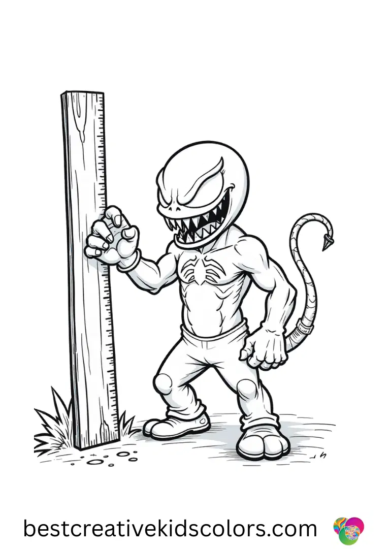 Venom measuring a wooden plank with a ruler is displayed in Black venom coloring page pdf free download.