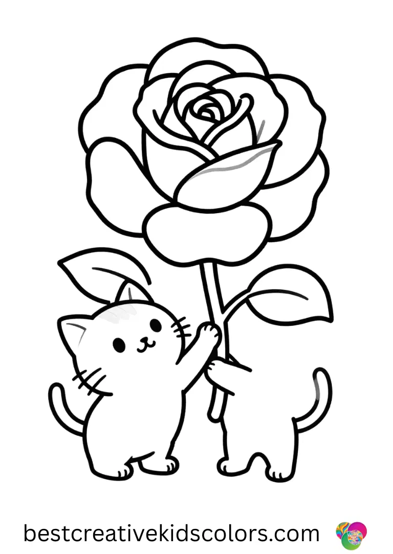 Blooming rose coloring page easy shows a kitten tapping a dangling twig with one paw.