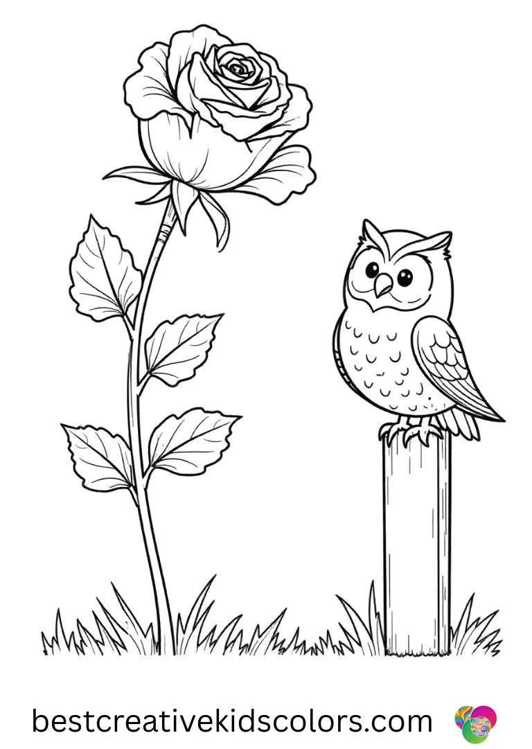Blooming rose coloring page for adults shows an owl blinking slowly on a fence post.