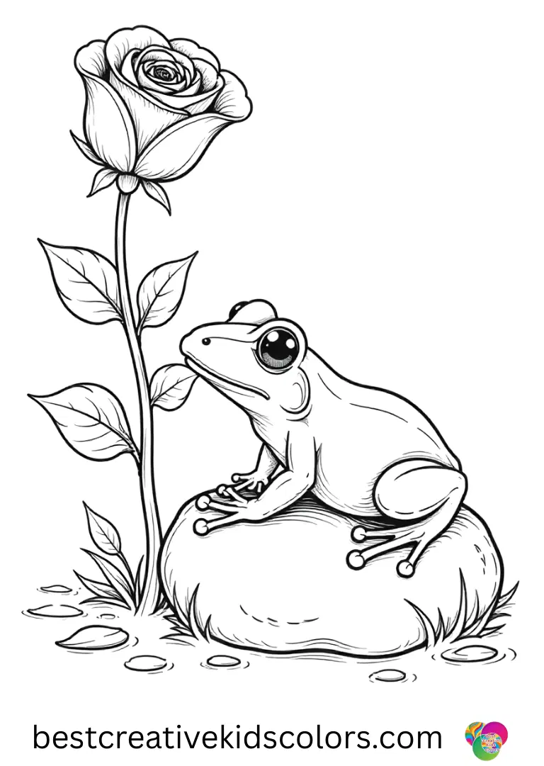 Blooming rose coloring page pdf free download shows a frog stretching on a flat rock.
