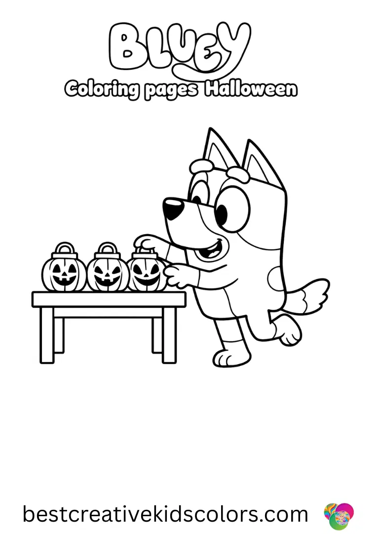 Bluey Coloring pages Halloween shows Bluey tiptoeing to line up small plush lanterns on a table.