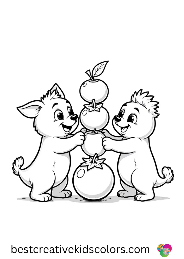 Bluey Family coloring pages features Bandit, Chilli, Bluey, and Bingo arranging tiny pretend fruits together.
