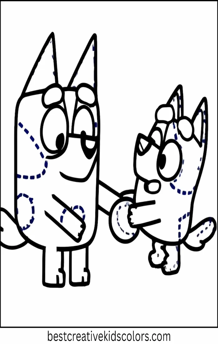 Bluey Helps Lucky with Ball – Kids Coloring Outline