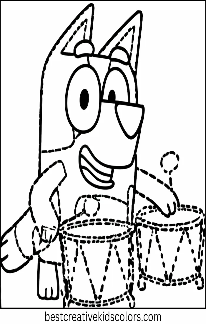 Bluey Plays Drums – Kids Coloring Outline