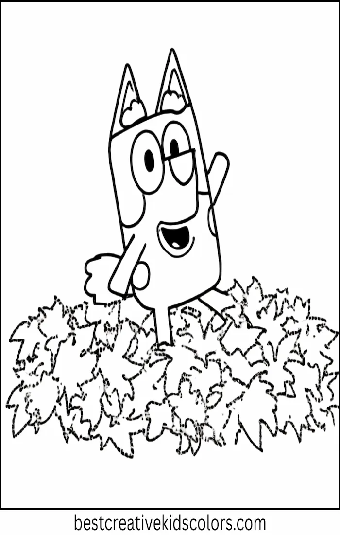 Bluey Plays in Autumn Leaves – Kids Coloring Outline