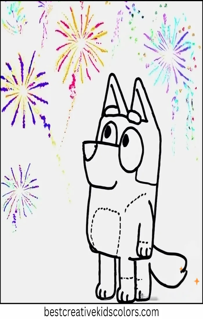 Bluey Watches Fireworks on New Year – Kids Coloring Outline