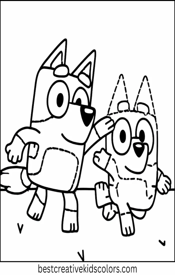 Bluey and Rusty Run Together – Kids Coloring Outline