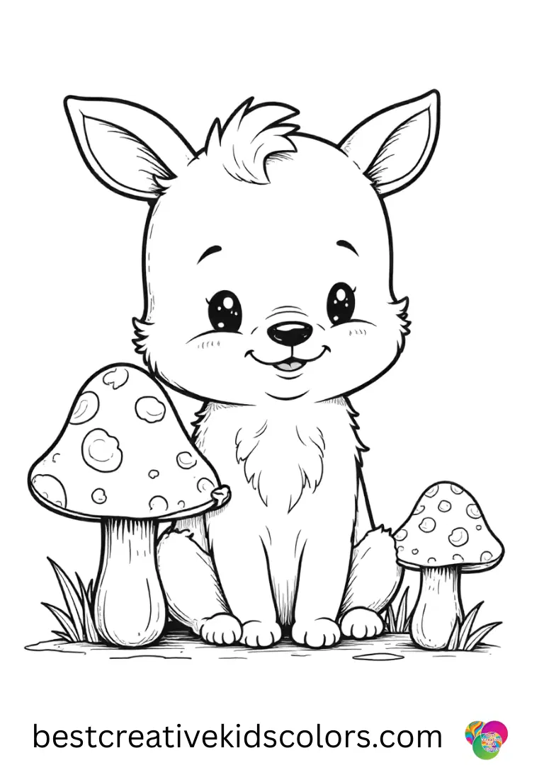 Bluey coloring Book PDF free download shows Bluey nudging small plush mushrooms gently.