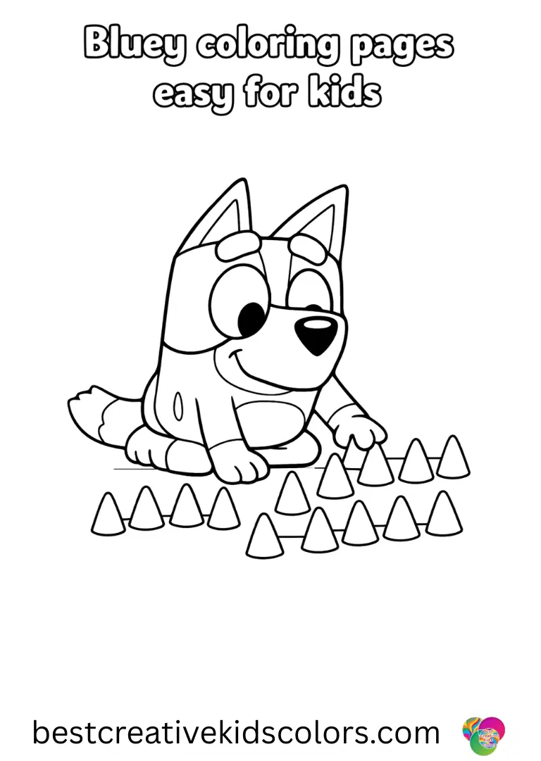 Bluey coloring pages easy for kids features Bluey nudging soft paper cones into neat rows.