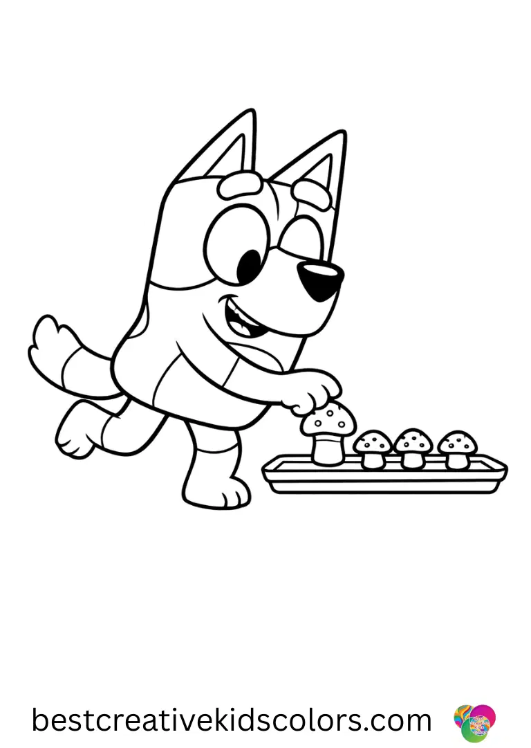 Bluey coloring pages easy pdf shows Bluey tiptoeing while lining up tiny plush mushrooms on a tray.