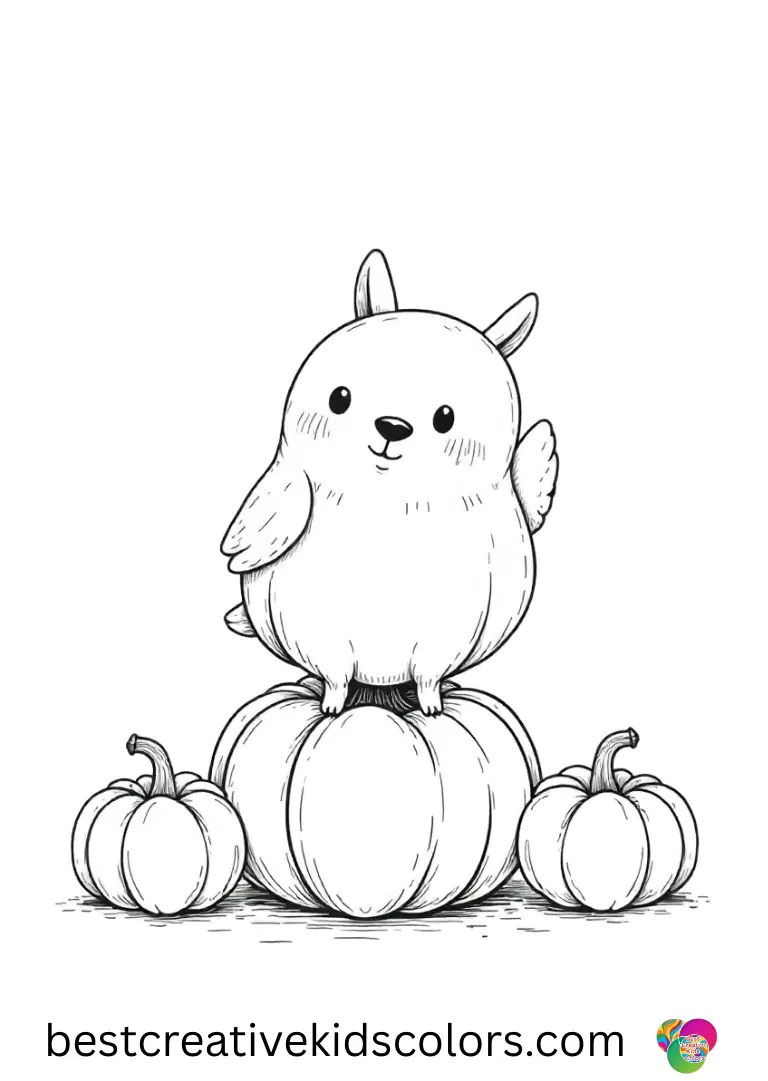 Bluey coloring pages easy printable shows Bluey stretching to balance miniature felt pumpkins carefully.
