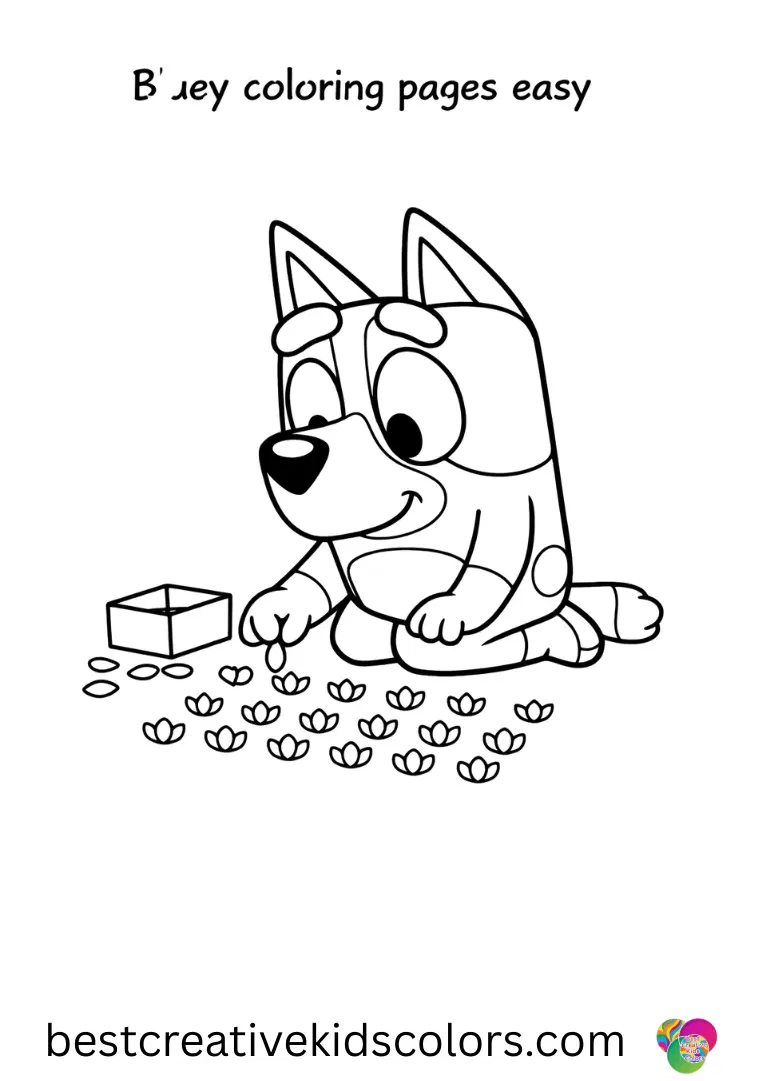 Bluey coloring pages easy features Bluey kneeling to balance tiny paper petals in neat rows.