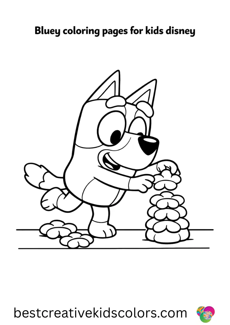 Bluey coloring pages for kids disney features Bluey tiptoeing to balance tiny plush petals on a flat surface.