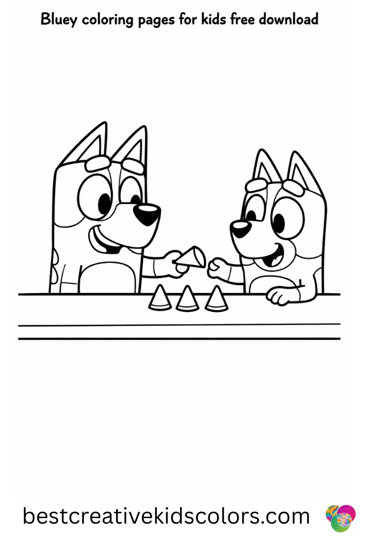 Bluey coloring pages for kids free download features Bluey passing small paper cones across a blank table.