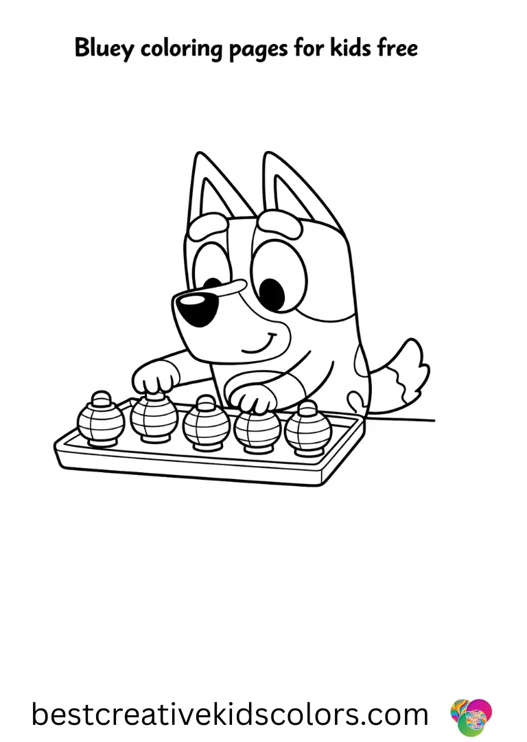 Bluey coloring pages for kids free shows Bluey lining up miniature soft lanterns carefully on a tray.