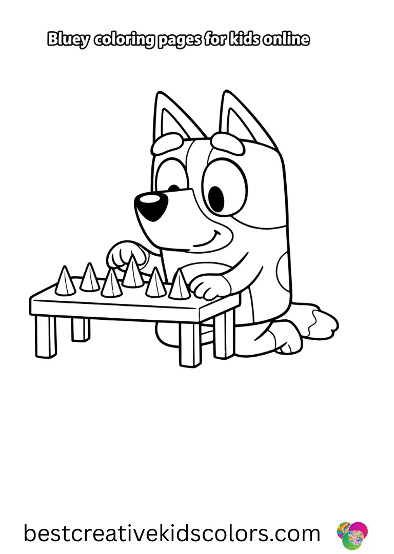 Bluey coloring pages for kids online shows Bluey kneeling to arrange miniature paper cones neatly on a table.