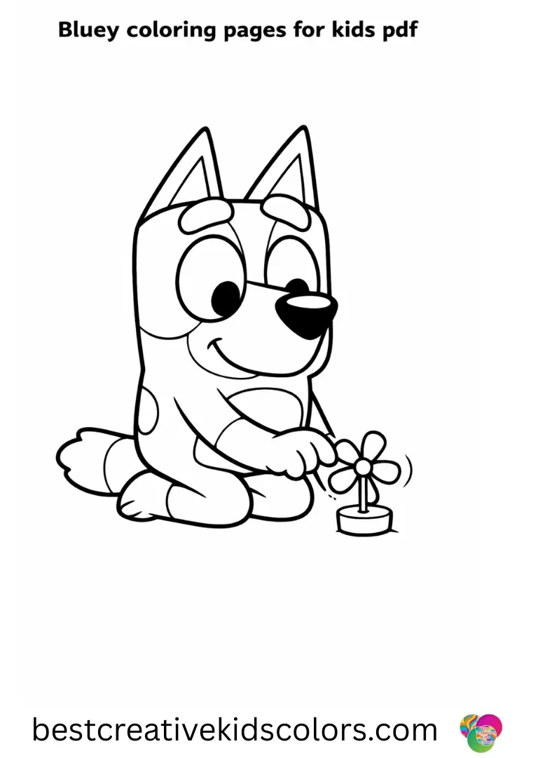 Bluey coloring pages for kids pdf shows Bluey kneeling to spin tiny felt petals gently.