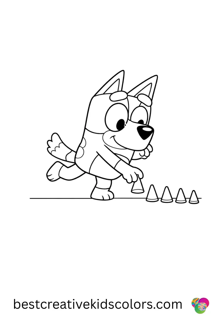 Bluey coloring pages online features Bluey tiptoeing while lining up miniature paper cones on a smooth surface.