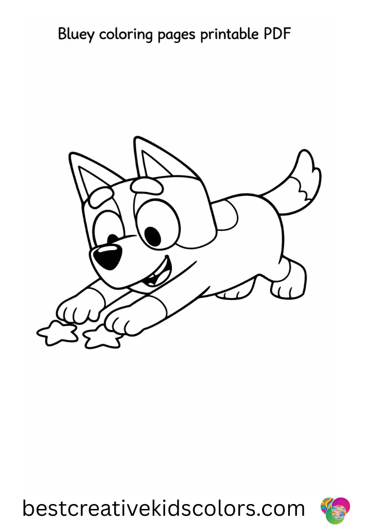 Bluey coloring pages printable PDF shows Bluey stretching to roll small felt stars gently.