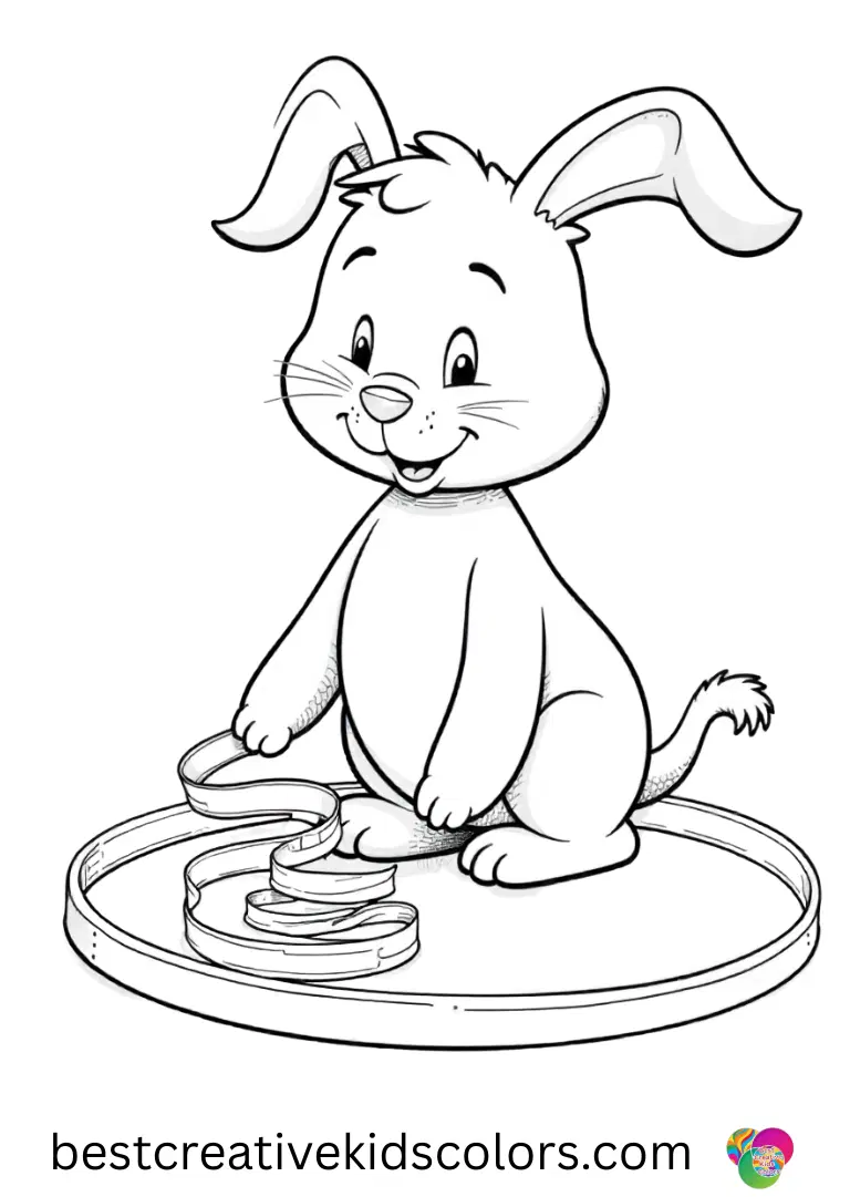 Bluey colouring pages PDF shows Bluey wiggling soft ribbon loops into a neat circle on the floor.