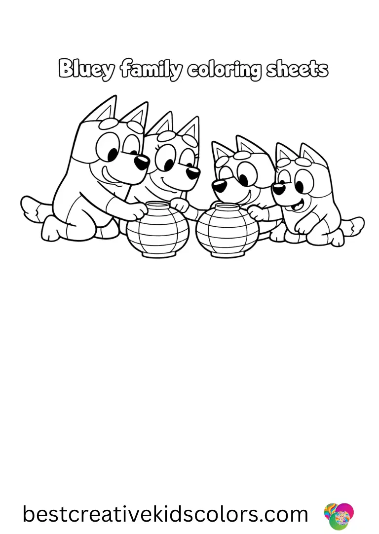 Bluey family coloring sheets shows Bandit, Chilli, Bluey, and Bingo nudging soft paper lanterns together.