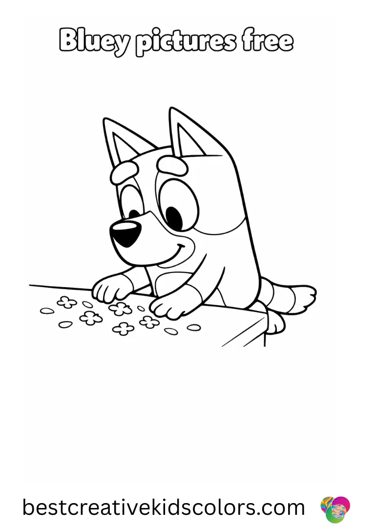 Bluey pictures free shows Bluey kneeling to pat tiny soft petals gently across a blank table.