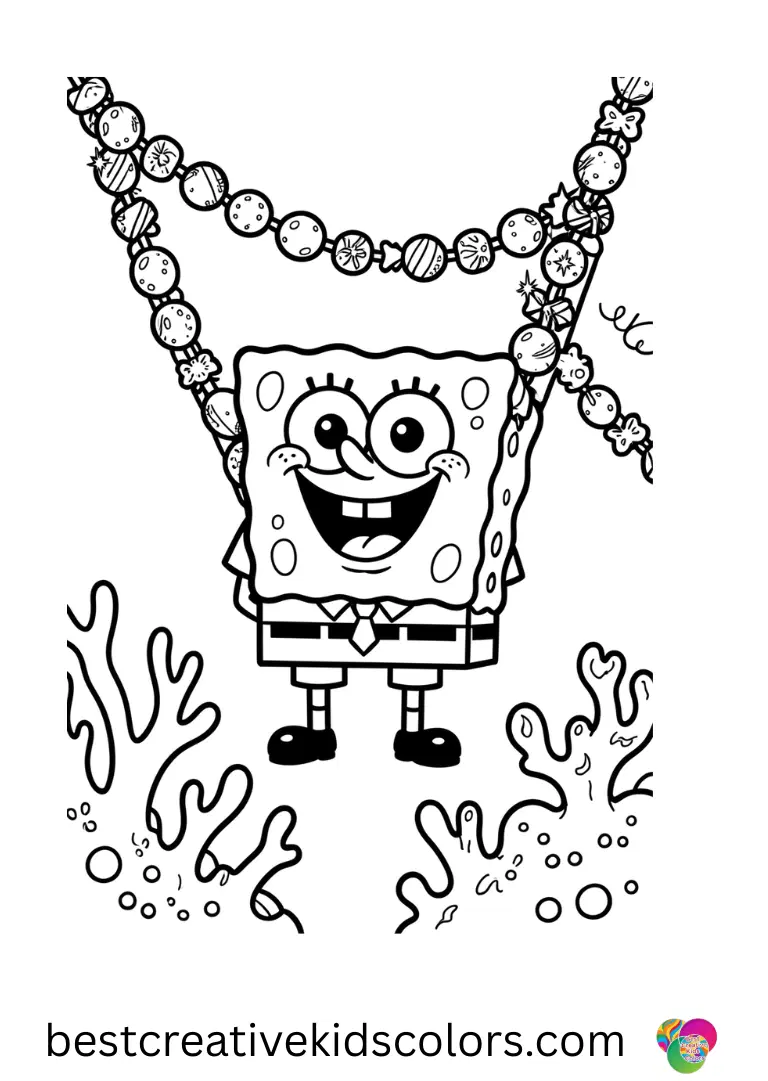 Bob Esponja desenho para colorir captures SpongeBob hanging sparkling candy garlands on coral.