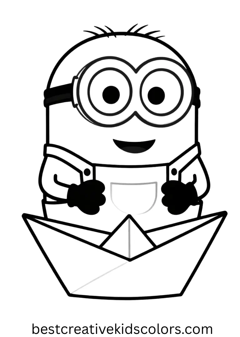 Bob the minion coloring page easy shows him folding a tiny paper boat neatly