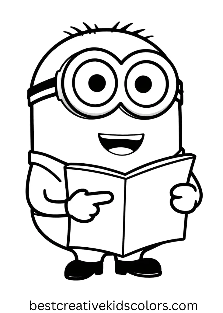 Bob the minion coloring page free shows him pointing to a small map in a clear area