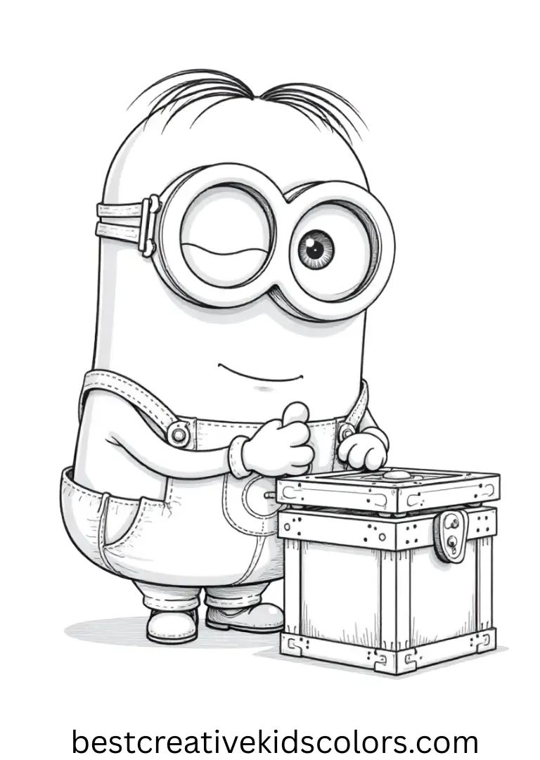 Bob the minion coloring page pdf free download shows him opening a small treasure box carefully