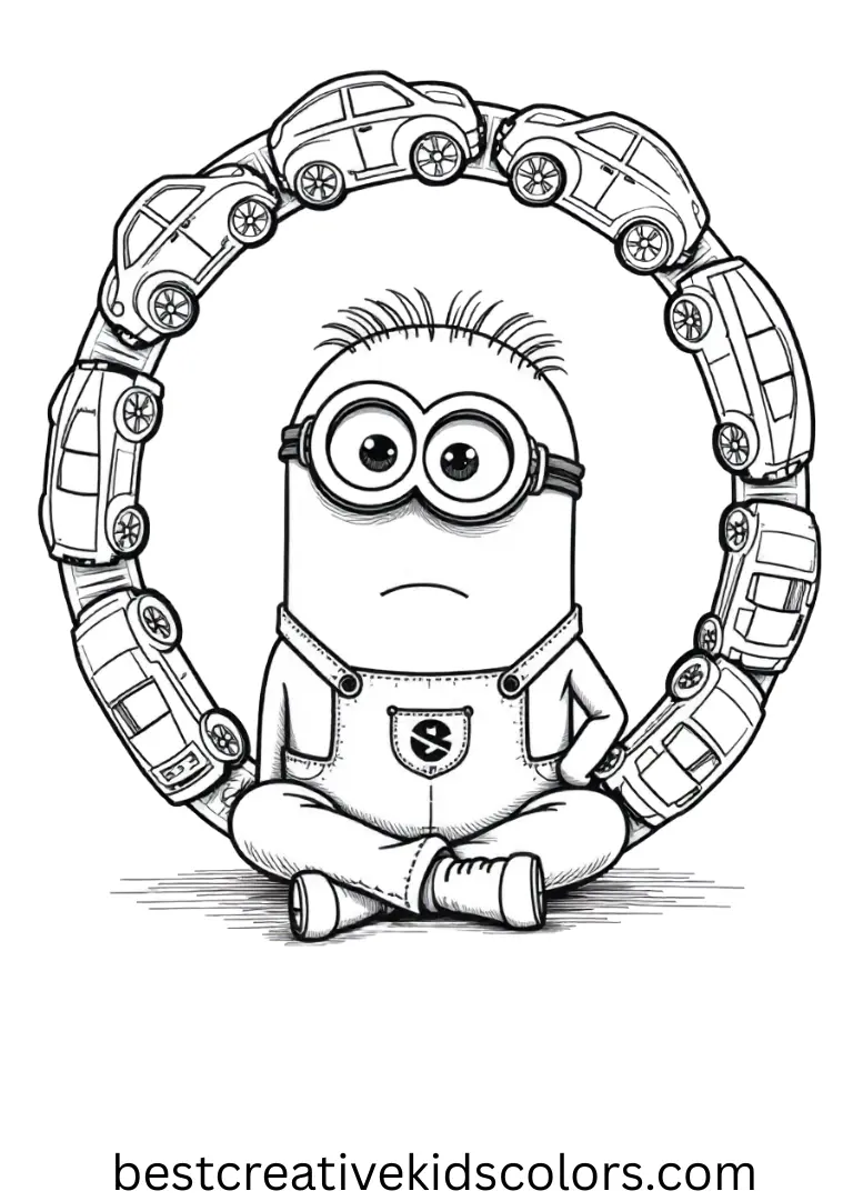 Bob the minion coloring page printable shows Bob arranging toy cars in a circle on the floor
