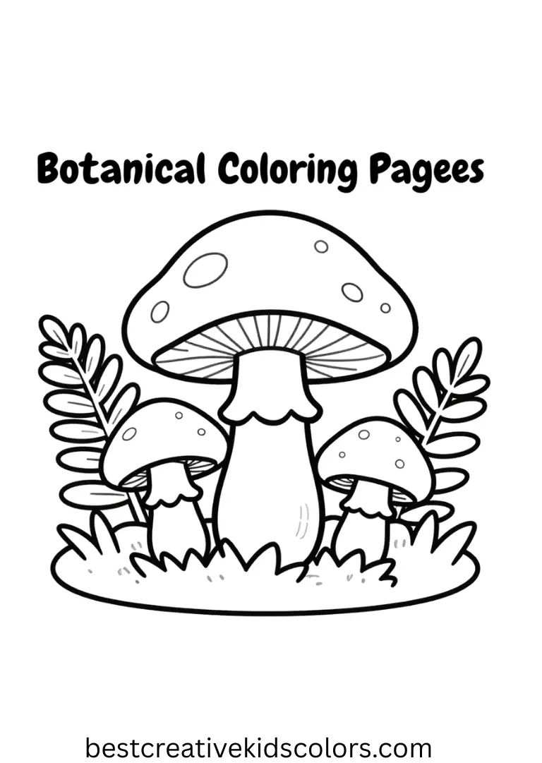 Botanical Coloring Pages Printable feature mushrooms surrounded by ferns and small plants.