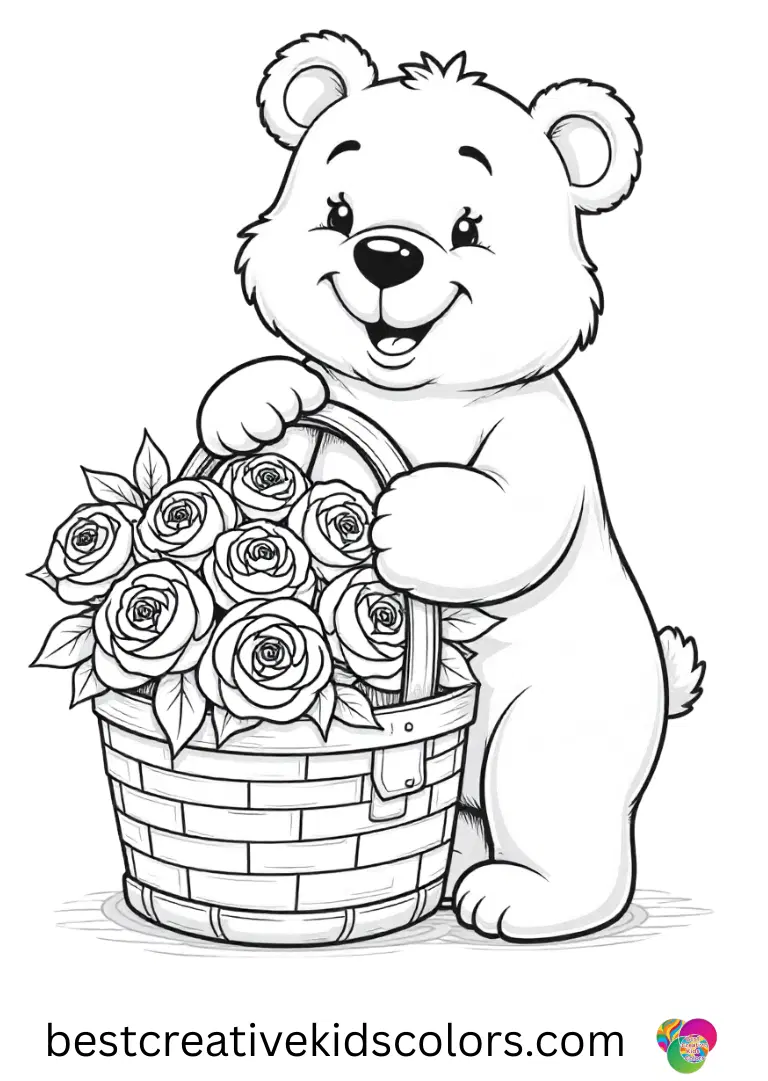 Bouquet of Roses Coloring Page shows a bear lifting a picnic basket lid.