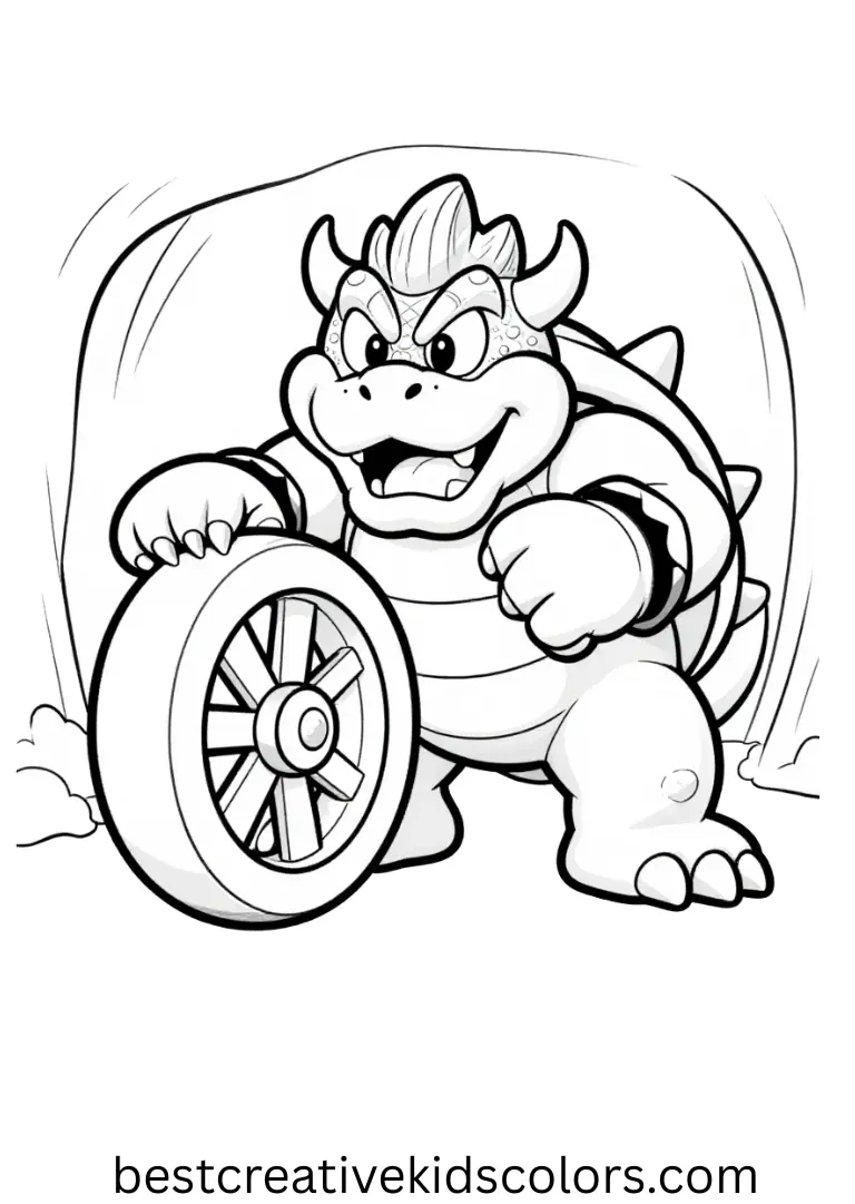  In an open cavern, Bowser Coloring Page depicts Bowser spinning a crystal wheel that scatters warm light around him