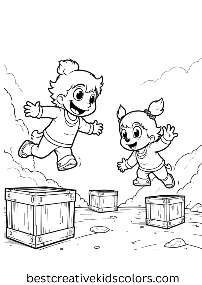 Characters jump and dodge small crates in Brawl Stars free printable coloring pages.