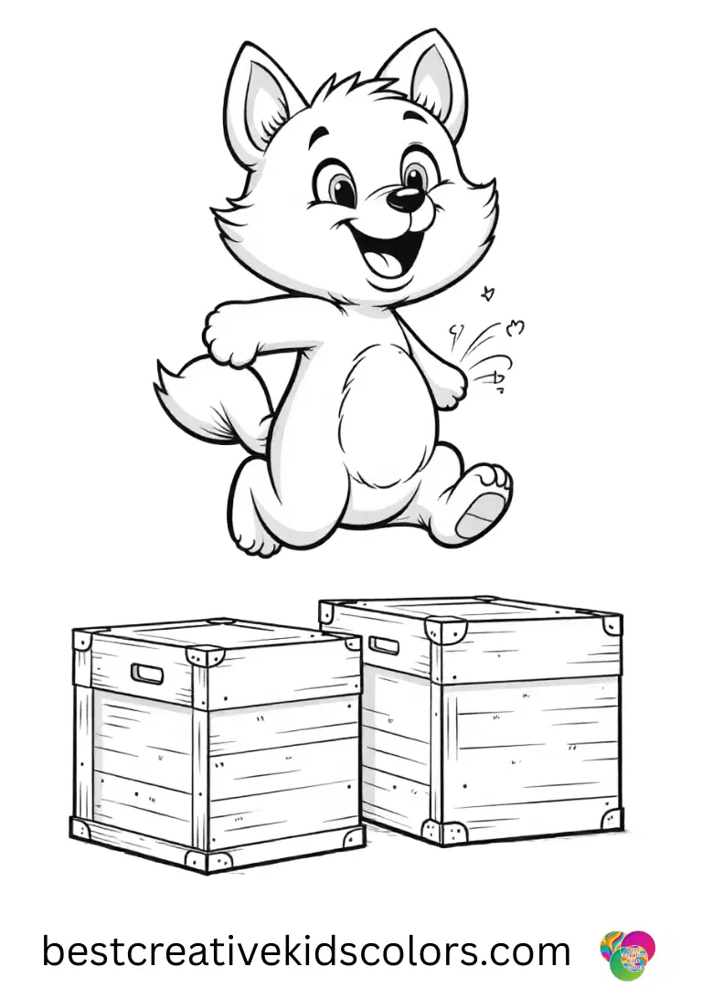 Kit jumps playfully over crates in Brawl Stars kit Coloring pages.