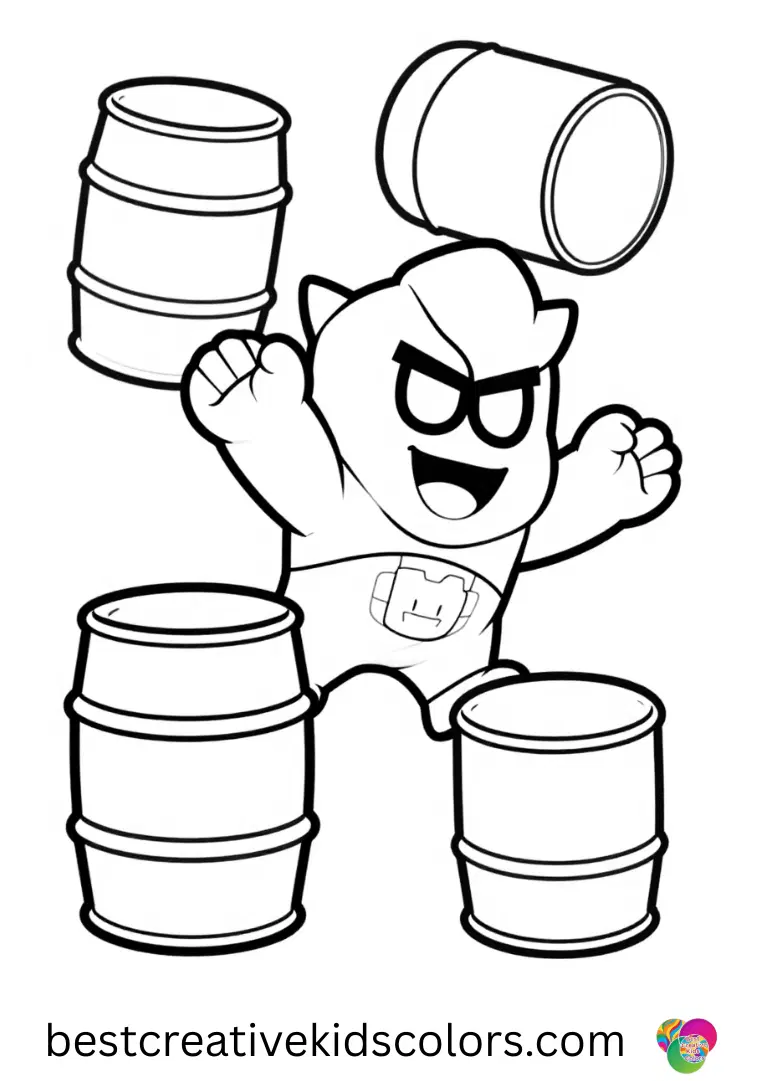 Moe dodges floating barrels with a cheerful grin in Brawl stars coloring pages moe.
